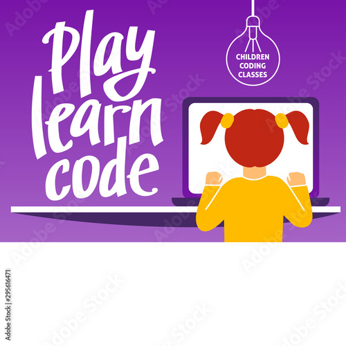 A horizontal image of the girl who studies coding. A vector image for a flyer or a poster for the chidren coding school. Purple and yellow colors