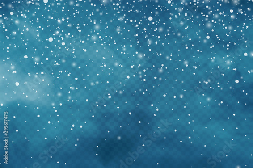 Realistic falling snow with snowflakes and clouds. Winter transparent background for Christmas or New Year card. Frost storm effect, snowfall, ice. Vector illustration.