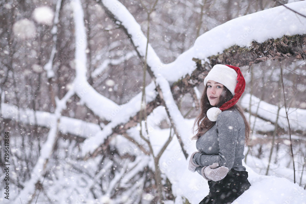 Girl in a winter park in snowfall Girl in a winter park in snowfall