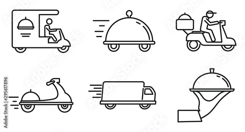 City food delivery service icons set. Outline set of city food delivery service vector icons for web design isolated on white background