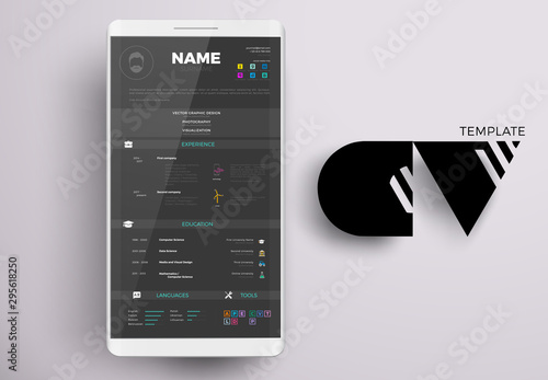 Modern online CV example design, resume vector template minimalistic creative style on a smartphone screen