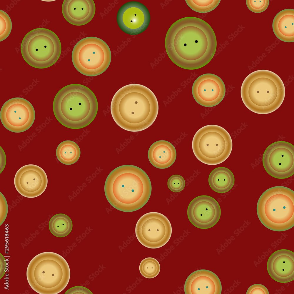 Scattering of buttons of golden and greenish colors of different sizes against the background of the color of blood. Seamless pattern Scattering of buttons of golden and greenish colors of different sizes against the background of the color of blood. Seamless pattern