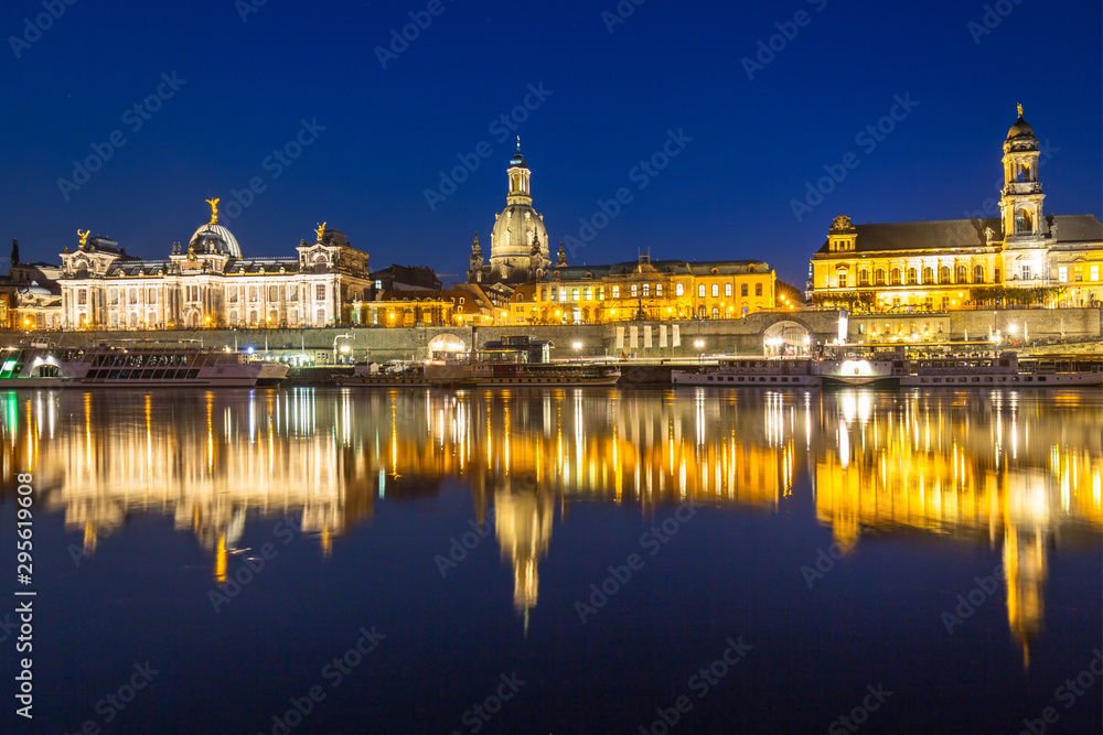 Cityscape of Dresden at Elbe River at night, Saxony. Germany
