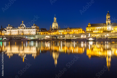 Cityscape of Dresden at Elbe River at night, Saxony. Germany