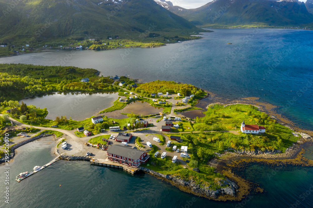 Beautiful Nature Norway Aerial view of the campsite to relax. - obrazy, fototapety, plakaty 