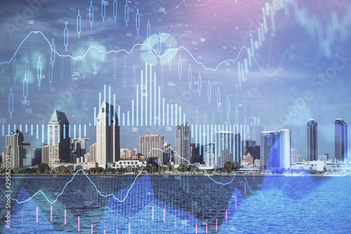Forex chart on cityscape with skyscrapers wallpaper multi exposure. Financial research concept. © peshkova