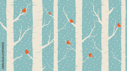 Blue Background: winter forest, birds and snowfall