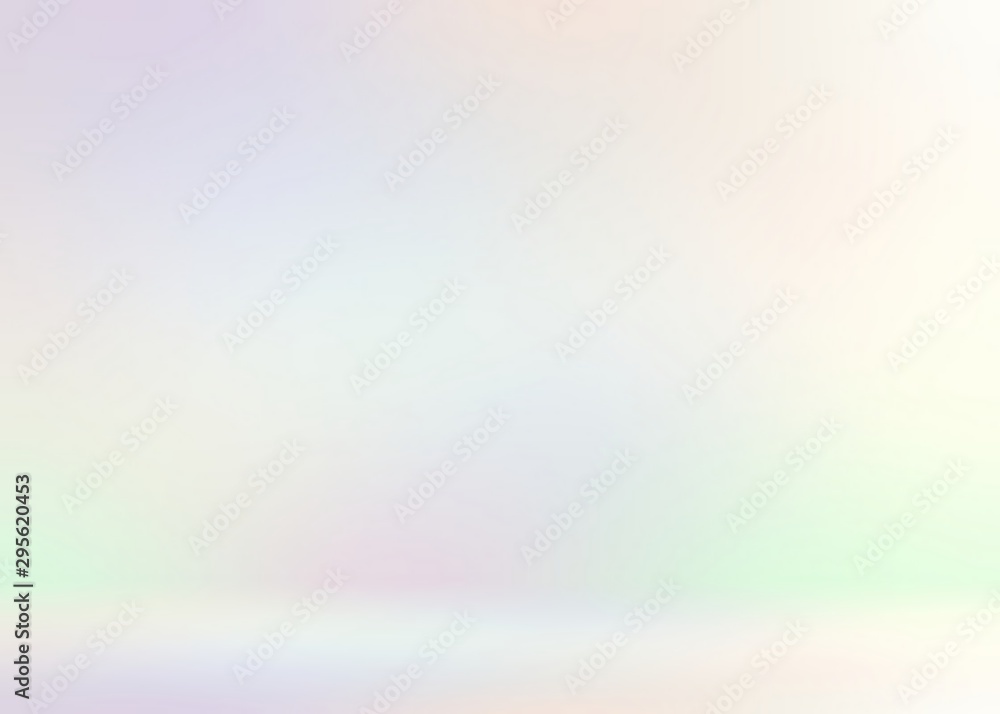 Light hologram 3d background. Amazing iridescent bright studio illustration. Bright pearl tints glem texture. Empty wall.