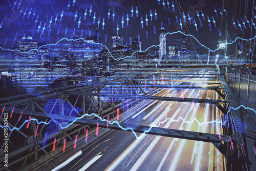 Forex chart on cityscape with tall buildings background multi exposure. Financial research concept.