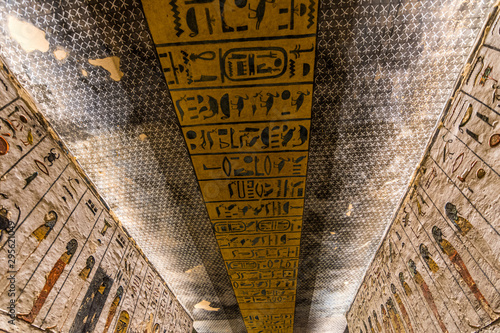 Kings Valley in Luxor, Upper Egypt in the early morning. Interior views of graves, wall paintings with ancient Egyptian hieroglyphs, burial chambers, underground corridors. Tombs of Rameses II, Thutme