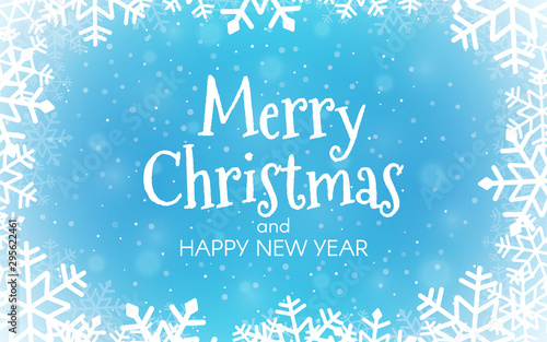 Merry Christmas blue background. Happy New Year concept with blurred snow flakes. Xmas greeting card. Winter ice frost backdrop. Snow frame and particles. Vector illustration