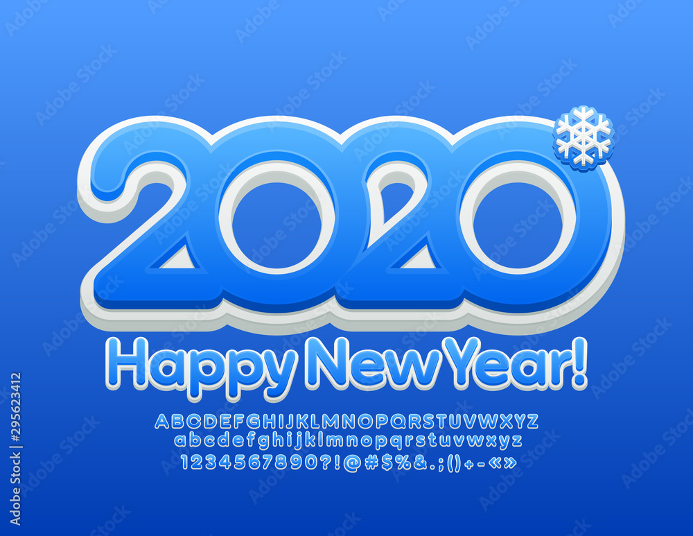 Vector modern Greeting Card Happy New Year 2020. Bright Alphabet Letters and Numbers. Creative Blue and White Font.
