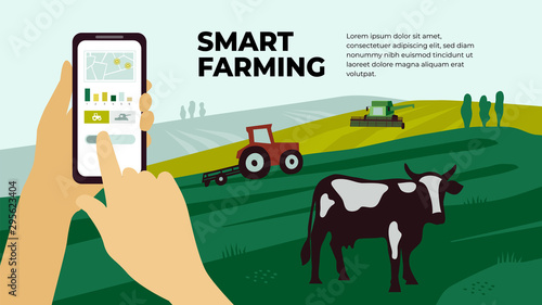 Illustration of  smart farming with smartphone in hands. Innovation technology for agricultural company. Remote controllable tractor, combine harvester. Template with cow, machinery for banner, flyer.