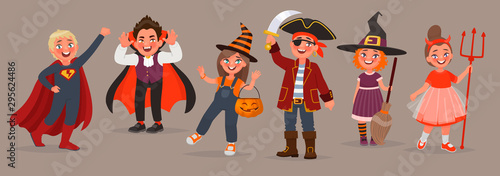 Kids dressed in Halloween costumes. Trick or treat. Boys and girls celebrate the holiday. Element for design