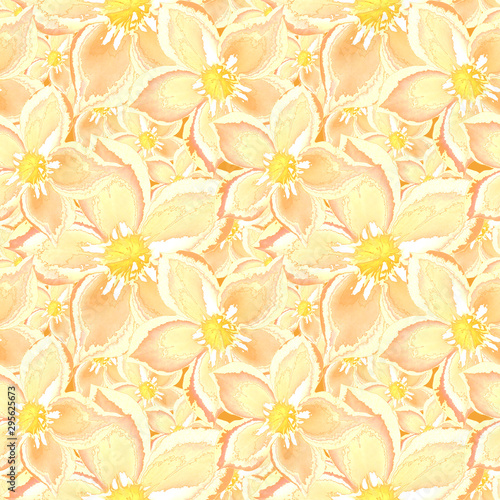 Seamless floral retro pattern. White with a delicate peach blossom with a hem and a yellow core.