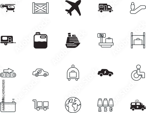 transport vector icon set such as: safe, dashboard, minimal, voyage, stock, can, pack, around, patient, tour, helicopter, support, move, distribution, portable, innovation, walk, blueprint, side