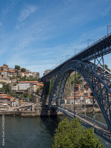 Portugal, may 2019: Porto view of Dom Luis Bridge at sunset. Porto. Cityscape of Porto downtown touristic Ribeira