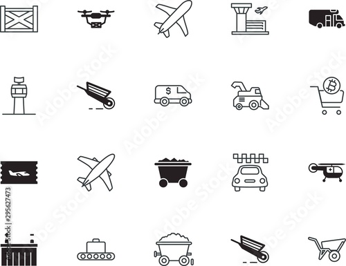 transport vector icon set such as: pixel, headlight, voyage, hauling, light, port, collection, caravan, suitcase, bonus, loading, shop, working, airliner, app, checkout, facade, conveyor, carrying