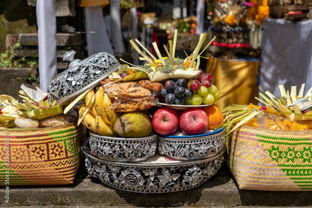 Fruits for balinese hindu offering ceremony on central street in Ubud, Island Bali, Indonesia . Closeup