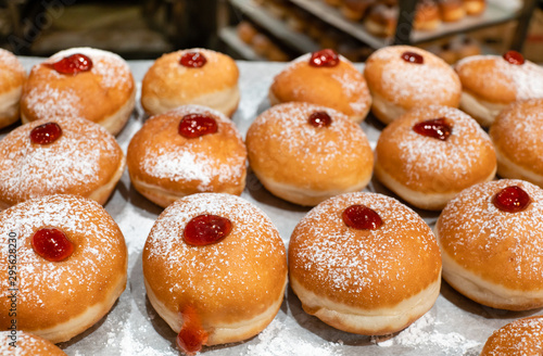 Wallpaper Mural Fresh donuts  with jelly at the bakery display for Hanukkah celebration. Selective focus. Torontodigital.ca