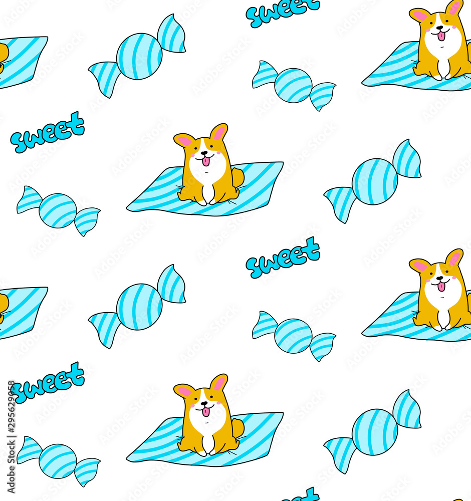 Seamless pattern with candy and Corgi dog. Cute character. Children's print. Printing on fabric, packaging, wrappers, notebooks. Isolated on white background.