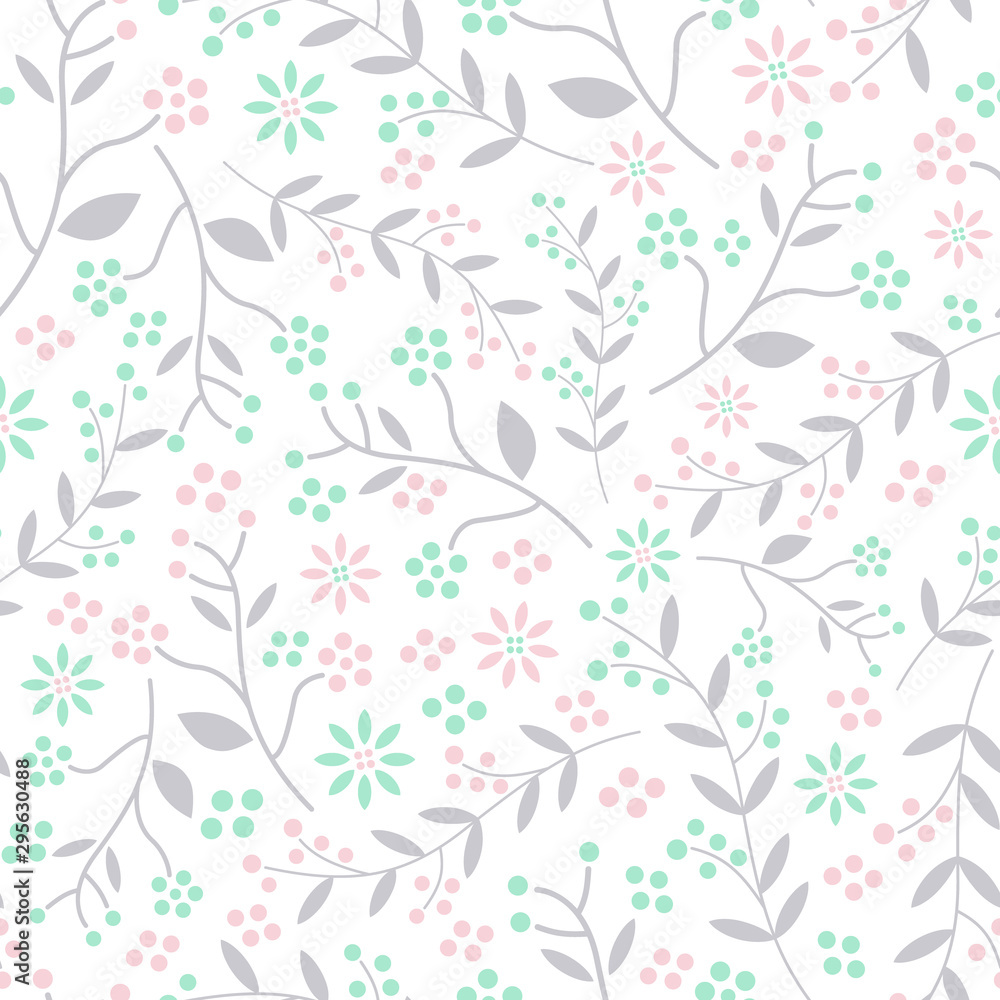 Seamless vector pattern of pastel grey vines and leaves with pink and mint green flowers and berries on a white background.