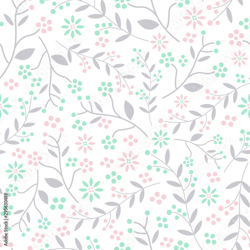 Seamless vector pattern of pastel grey vines and leaves with pink and mint green flowers and berries on a white background.