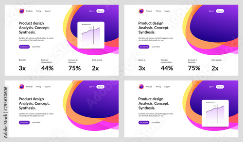 Product design landing page template. 4 versions Ui Ux website layout with colorful abstract shapes illustration. Orange, pink, violet, yellow colors. 12 grid mockup system for your business site.