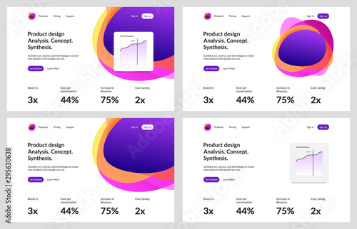 Product design landing page template. 4 versions Ui Ux website layout with colorful abstract shapes illustration. Orange, pink, violet, yellow colors. 12 grid mockup system for your business site.