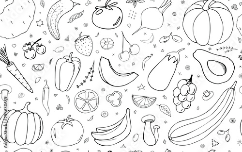 Vector  background with vegetables  fruits and berries. Useful for packaging  menu design and interior decoration. Hand drawn doodles. Seamless pattern vegetarian elements on a white background.