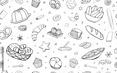 Vector background with bread, pastries and goodies. Useful for packaging, menu design and interior decoration of the bakery. Hand drawn doodles. Seamless pattern Baking elements on a white background.
