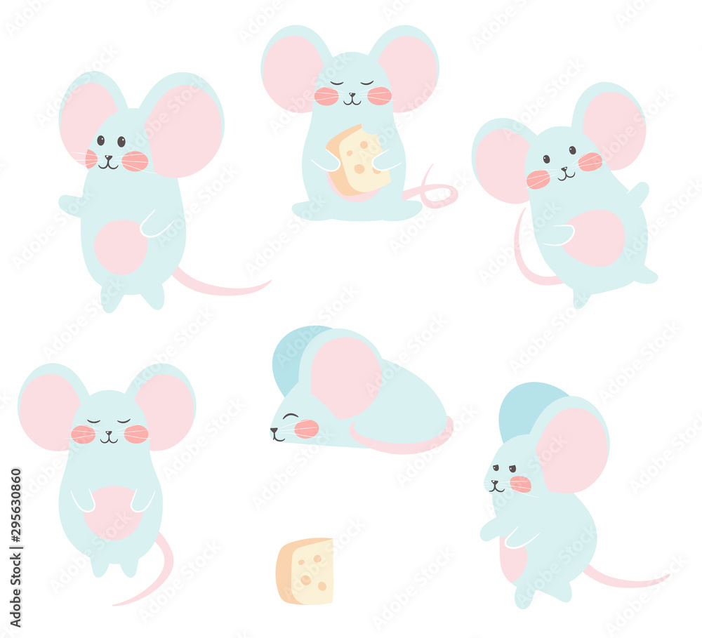 Set of funny mouse with cheese for design. Cute little mice in different poses. Vector illustration