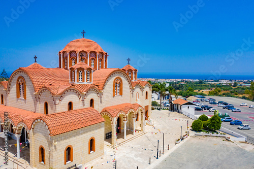 Republic of Cyprus. Church in Protaras. Church of St. Barbara in Protaras. Orthodox Church in Cyprus. Panorama of Cyprus from a height. A journey through the Mediterranean.