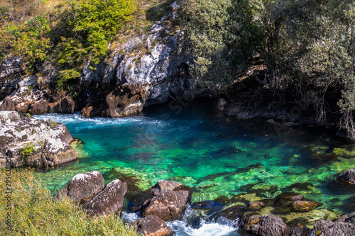 Beautiful and turquoise river Unac in village Martin Brod in Bosnia and Herzegovina photo