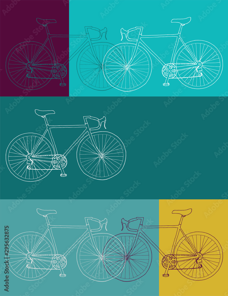 Hand drawn bicycle invitation/thank you/event vector 8,5 x 11 in bicycle card template in yellow, blue and purple colors palette	