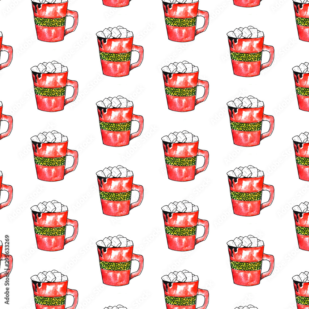 Red Christmas mug Cup of chocolate with marshmallows watercolor illustration Red Christmas mug Cup of chocolate with marshmallows watercolor illustration