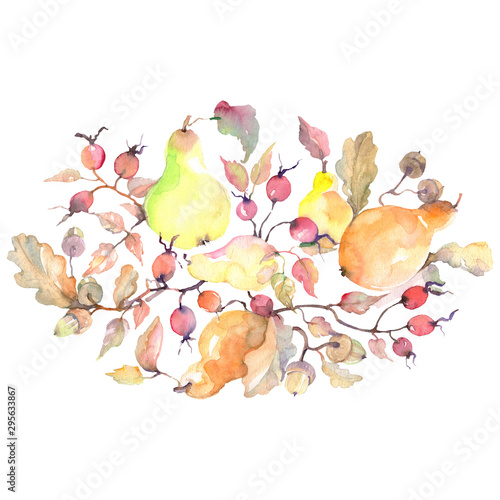 Branch of pears autumn bouquet isolated. Watercolor background illustration set. Isolated bouquet illustration element. © yanushkov