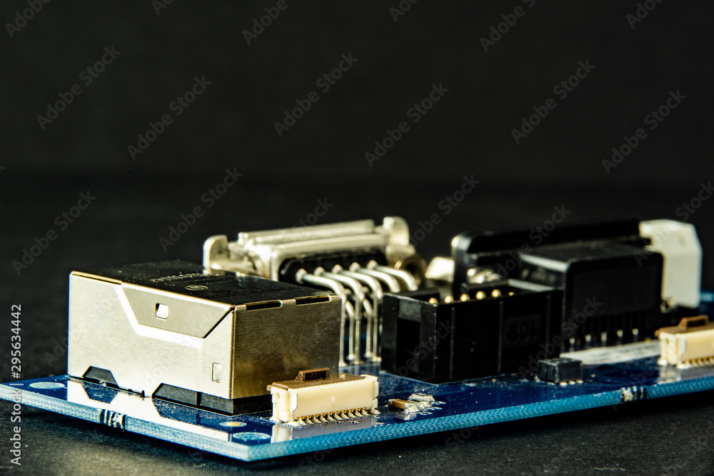 Electronics with ethernet RJ-45 socket and serial socket view from behind and flexi connector in the front Electronics with ethernet RJ-45 socket and serial socket view from behind and flexi connector in the front