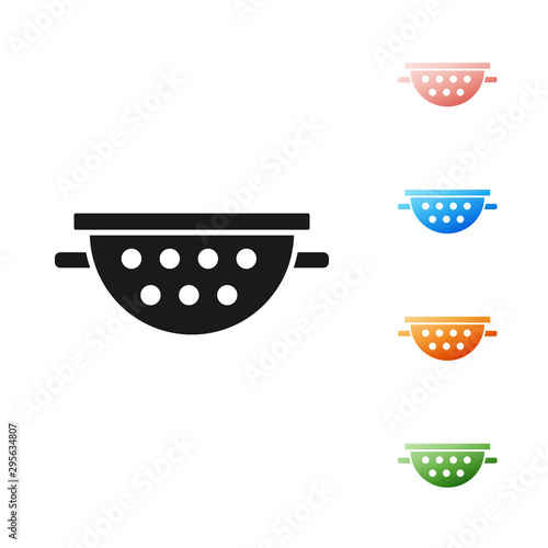 Black Kitchen colander icon isolated on white background. Cooking utensil. Cutlery sign. Set icons colorful. Vector Illustration