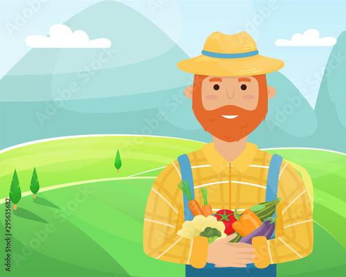 A farmer with a red beard in a straw hat, a plaid shirt and a crop in his hands. Flat vector illustration.