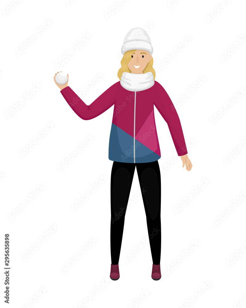 A girl in winter clothes and a hat throws a snowball. Winter entertainment. Flat vector illustration. A girl in winter clothes and a hat throws a snowball. Winter entertainment. Flat vector illustration.