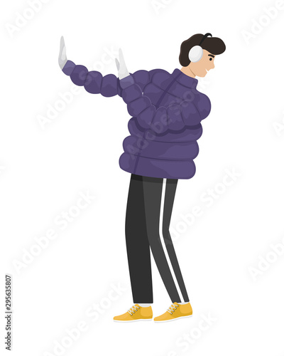 A man in winter clothes dodges a flying snowball. Winter entertainment. Flat vector illustration.