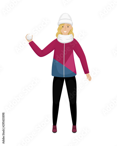 A girl in winter clothes and a hat throws a snowball. Winter entertainment. Flat vector illustration.