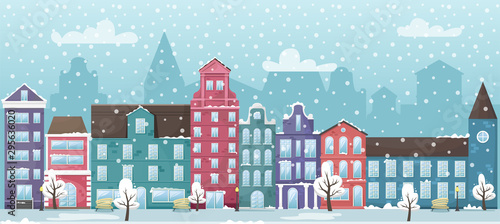 Winter cityscape with the European houses and the snow. Flat vector illustration.