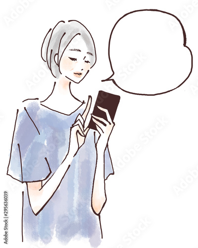 Obraz na płótnie スマホを操作する女性 吹き出し シニア 携帯 アプリ w salonie