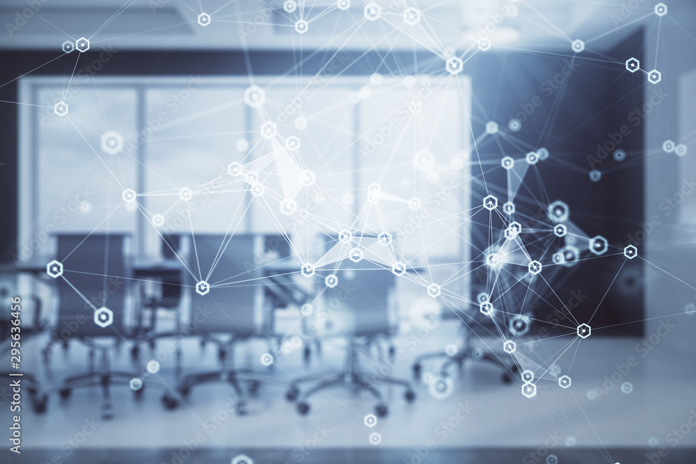 Naklejka premium Double exposure of technlogy theme abstract hologram on conference room background. Concept of hightech