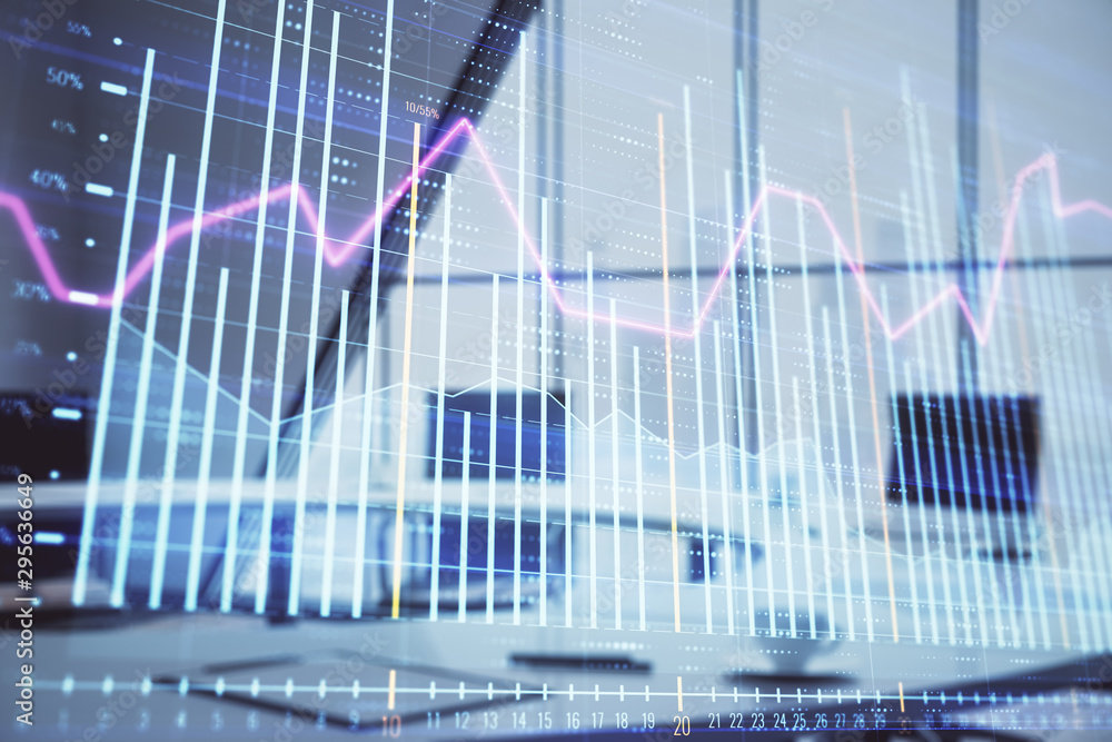 Double exposure of forex chart on conference room background. Concept of stock market analysis Double exposure of forex chart on conference room background. Concept of stock market analysis