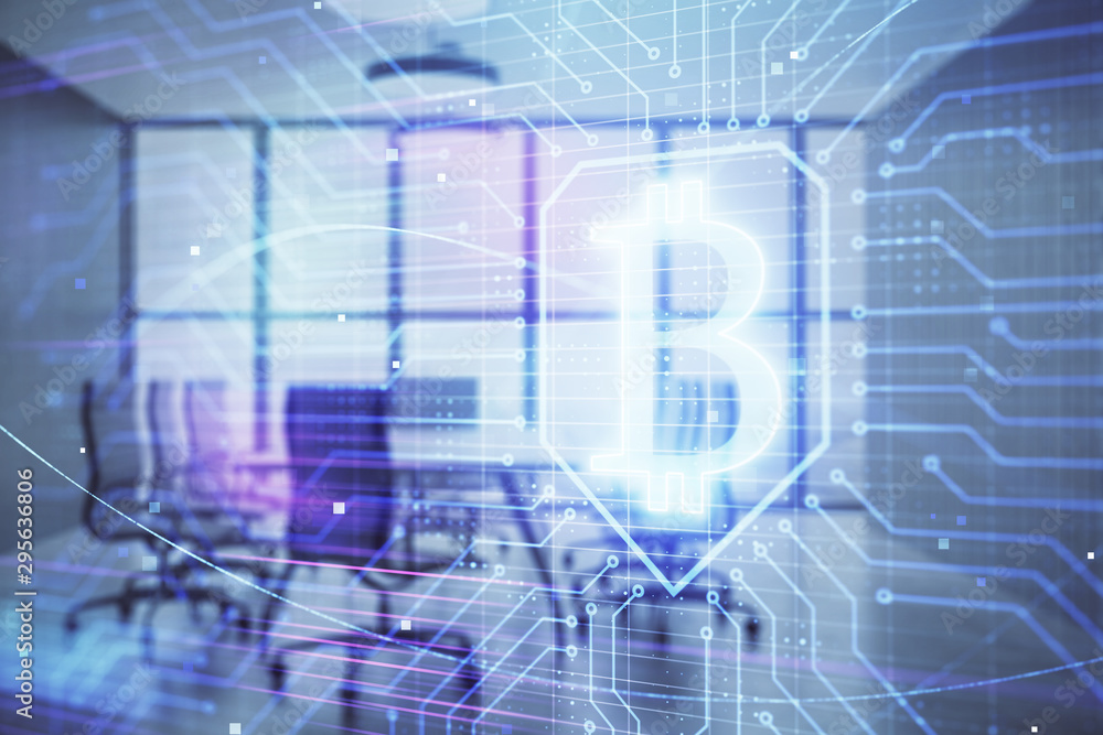 Blockchain theme hologram on conference room background. Double exposure. Concept of cryptocurrency Blockchain theme hologram on conference room background. Double exposure. Concept of cryptocurrency
