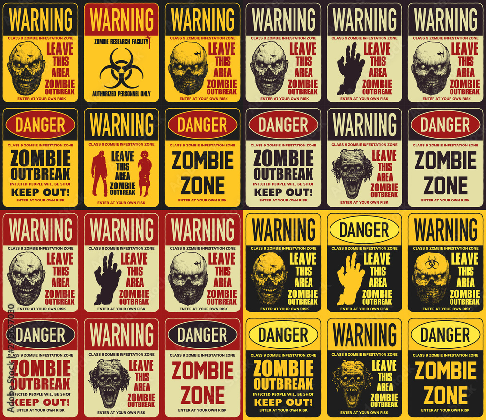 Zombie attention beware and caution sign set. Corpse danger emblem. Vector illustration.