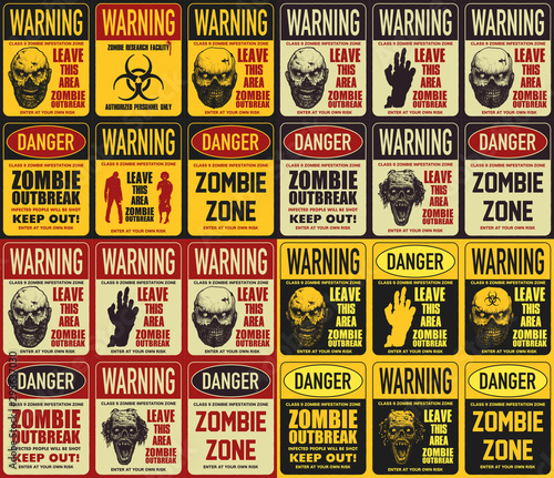 Zombie attention beware and caution sign set. Corpse danger emblem. Vector illustration.